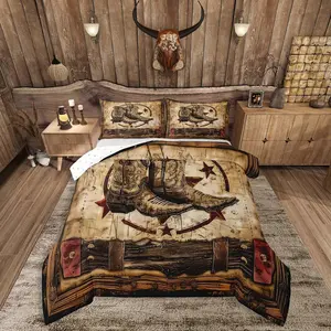 Brown Western Aztec Comforter Set Cowboy Shoes Duvet Quilt for Kids Teens Adults Tribal Wild Western West Texas Star Rustic Bedding Set Room Decor