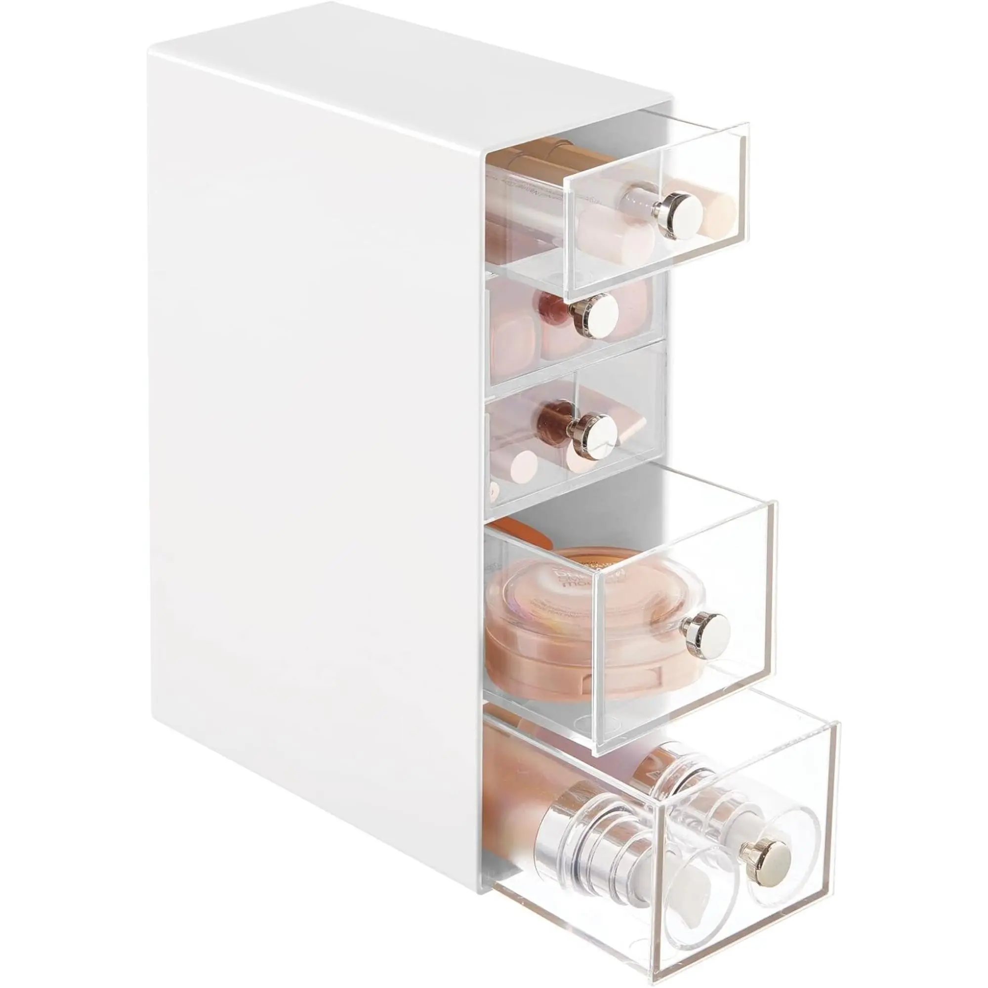 5-Tier Storage Makeup Organizer - Stackable Organization with Pull-Out Drawers for Bathroom, Vanity, or Desk - White/Clear Boxes