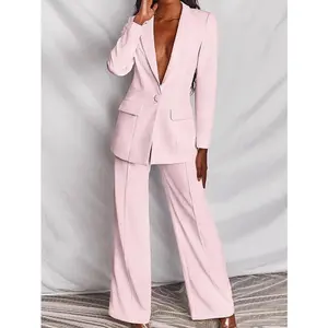 Women's Fitted Pink Blazer Suit Set with Deep V Neck & Straight Pants Soft Stretch Minimalist Vneck Fabric Womenswear Basic Lace Ruched Sweet Camisole baggy outfit Boho Embroidered Skirt and Top Chic Elegant