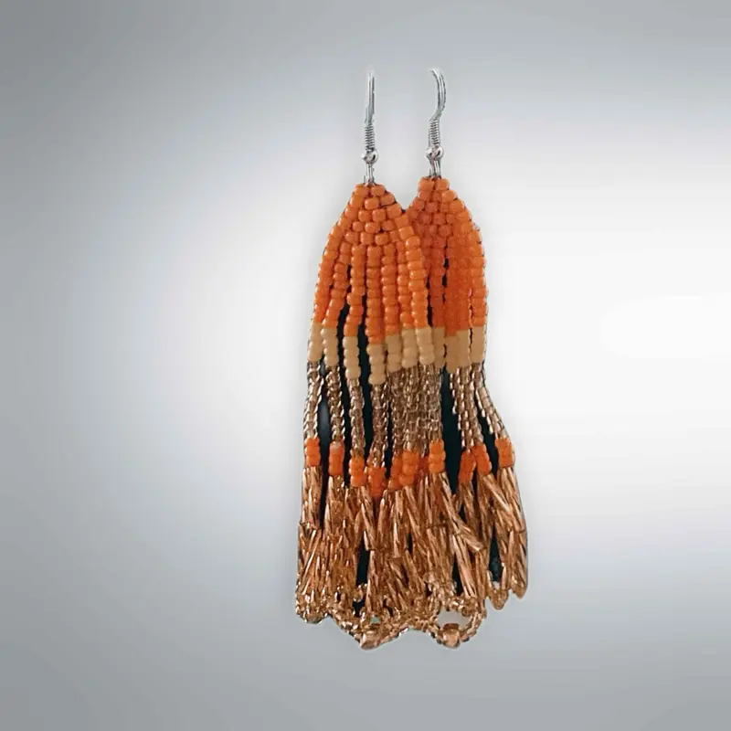 Beaded Earrings with Looped Ends - Orange Beads, Black Loop Design, Elegant and Stylish Accessory