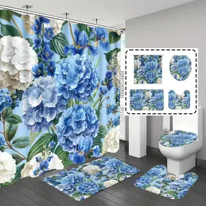 [Popular Choice]1pc/4pcs, bathroom curtains shower, bathroom set, Shower Curtain Sets, shower curtains, bathroom rug, home decoration, bathroom mat, Bathroom Mat, hydrangea pattern, flower theme decoration, bathroom set, with 12 hooks.