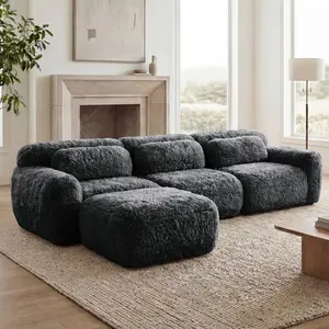 L-Shaped Boneless Sofa with No Assembly Required, Soft Fluffy Plush Fabric, 32D High Density Sponge Cushion, Throw Pillows, Anti-Slip Buckle Base & Movable Ottoman for Living Room