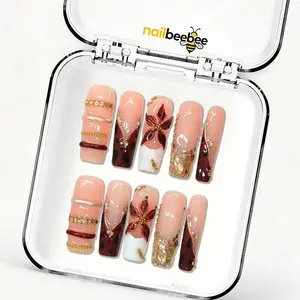 Mocha Lily Nude & Brown Press-On Nails, Handmade French Tip Fake Nails, Reusable Acrylic Nails with 3D Flower & Rhinestone