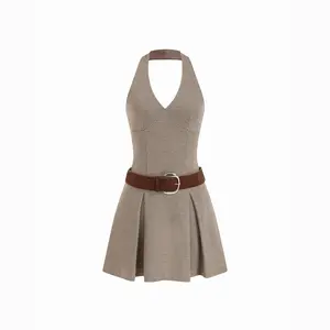 Cider Houndstooth Halter Neckline A-line Mini Dress With Belt Dealsforyou