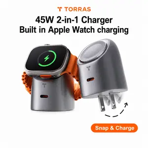 TORRAS Flasheye 45W 2-in-1 Charger for Apple Watch & iPhone17 16 15 14 13Pro Max, Snap-On Magnetic Charging, 45W USB-C PD Fast Charging for iPhone, iPad & MacBook, travel, Compact Cute Desk Charger, Foldable Plug, Travel Friendly,Minimal outdoorfun