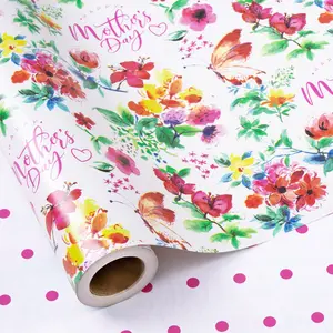 RUSPEPA Reversible Mother's Day Theme Wrapping Paper | Watercolor Floral with "Happy Mother's Day" on One Side and Pink Polka Dots on the Reverse for Mother's Day Gift Wrap, Women's Birthdays and Spring Gifts - 43 cm x 500 cm (17 inches x 16.4 feet)