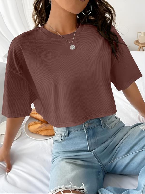 Women's Plain Ribbed Curved Hem Crop Tee, Casual Half Sleeve Round Neck T-shirt for Summer, Ladies Clothes for Daily Wear
