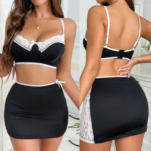 Women 2 Piece Bowknot Decor Backless Halter V Neck Top And Lace Splicing  Mini Skirt  Pajama Set,Sleepwear Minimalist Lounge Sets For Daily Wear