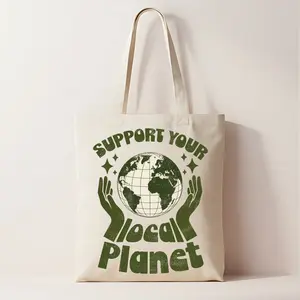 Support Your Local Planet Graphic Tote Bag - 100% Cotton Canvas, Machine Washable, 15" x 16", Double Straps, Reusable, Random, Object, Fun, Earth, Retro, Outdoors, Plant, Garden, Vintage, Leaves, TV