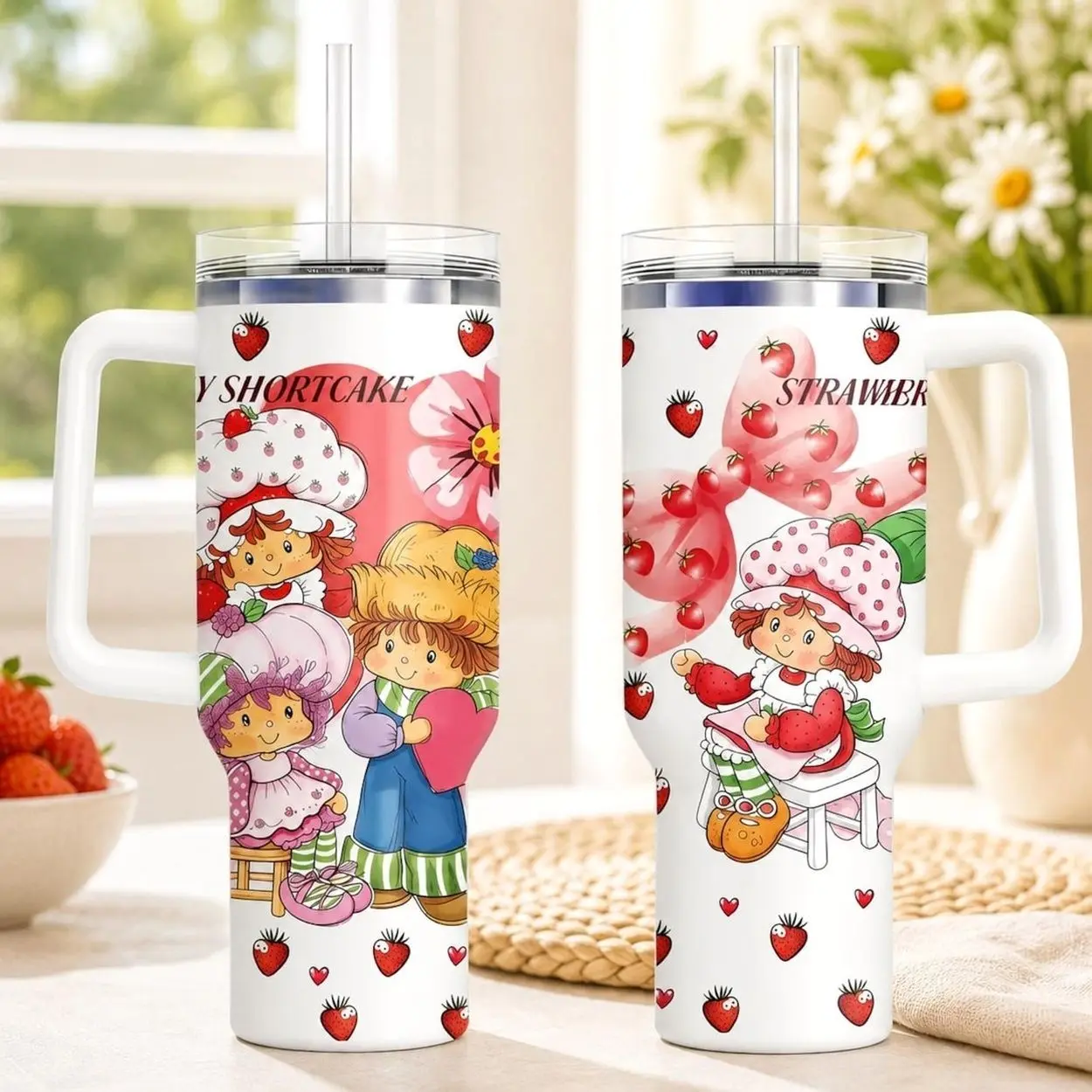 Strawberry Shortcake 40oz Tumbler with Handle, Retro Cartoon Travel Mug