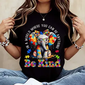Elephant With Puzzle Pieces And Be Kind Print T Shirt Crew Neck Casual Wear For Women And Girls