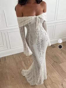 women's plain contrast lace off shoulder fit dress, chic elegant long sleeve dress for party holiday wedding guest, ladies clothes for all seasons, formal longsleeves womenswear, elegant dresses, white