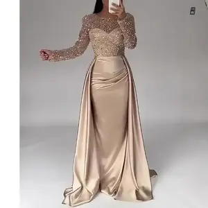 The 2025 cross-border French satin rose gold fishtail light luxury elegant style annual meeting host's dress with beaded long dress