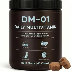 Daily Multivitamin, Multivitamin Itch Relief Chews for Dog, with Folic Acid, Salmon Oil, Chondroitin & Natural Vitamins, Skin and Coat Healthy, Digestive & Boost Immunity, 60 Chews (Beef)