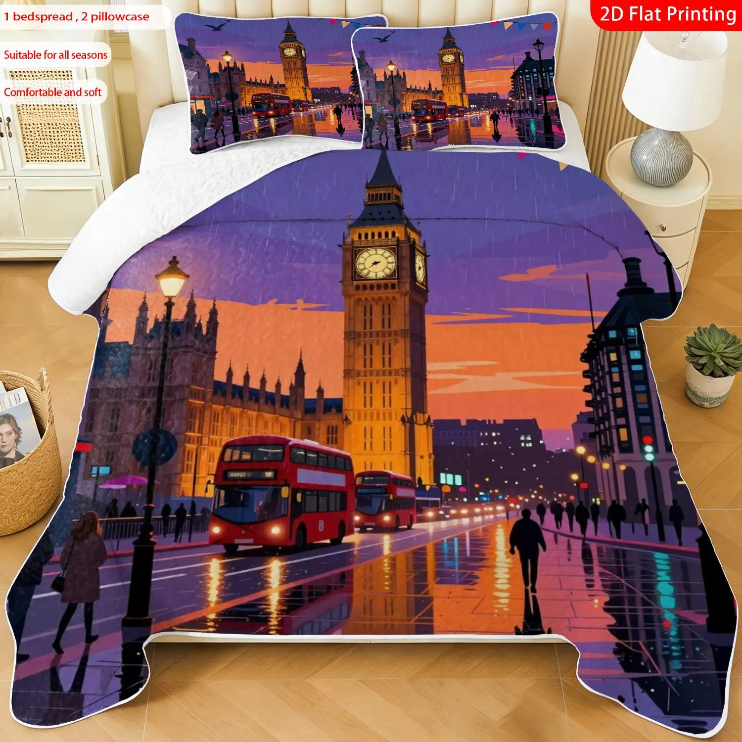 3 pcs, 2D Flat Print London Cityscape Bedspread Set, Soft and Comfortable, Multiple Sizes Available, Suitable for Gifting and Daily Use, Ideal for Creating a Cozy Home Atmosphere(1 bedspread , 2 pillowcases)