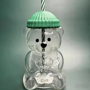 2025 New Bear Straw Cup, 20oz Glass Bear Cup With Reusable Straw For Smoothies, Boba & Iced Coffee