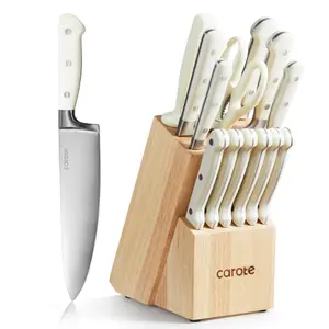 14 Pieces Knife Set with Wooden Block Stainless Steel Knives with Ergonomic Handle, Forged, White