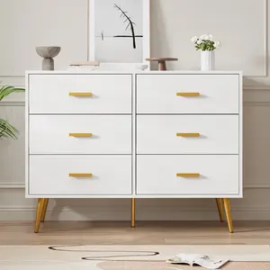 Wooden Chest of Drawers, Modern 6 Drawer Storage Cabinet with Gold Handles and Sturdy Metal Legs, Bedroom Drawer Organiser for Living Room, Hallway or Entryway