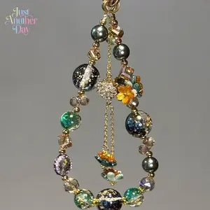 Vintage Galaxy Crystal Mobile Phone Chain - Handmade Lucky Beaded Wrist Strap, Retro Fortune Tassel Design, Aesthetic Smartphone/Cellphone Tech Accessory for Camping & Hiking Picnicware, Dark Academia Style