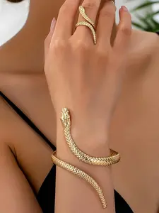 Women's Gothic Punk Style Jewelry Set, Elegant Jewelry Set, Adjustable Snake Bracelet & Ring, Vintage Textured Design, Perfect Gift for Daily Wear