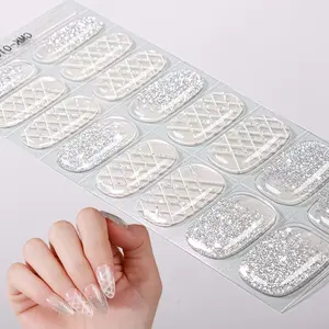 16 tips Gel Nail Full Wraps, Transparent Nail Strips, White Tartan&Silver Glitter Design, Long-Lasting Self-Adhesive Oval Full Nail Stickers, One Time Use, Suitable for Women And Girls, UV Free, Easy to Apply Remove, Nail Supplies