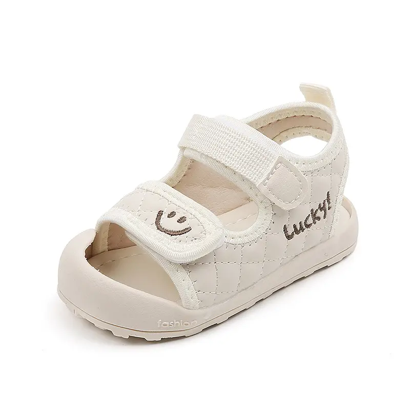 Baby First Walker Sandals - Cute Pull-On Closed-Toe Smiley Face Shoes with Anti-Kick Strap, Size 16/Inner Length 12cm, No Slip Summer Beach Footwear for Toddler Boys & Girls