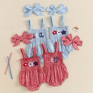 Newborn Baby Girl My First July 4th Outfit Letter Embroidery Shirred Sleeveless Bubble Romper Set Infant Clothes