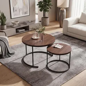 Round Nesting Coffee Table, Modern Space-Saving Tables with Faux Marble Top, Metal Frame, Adjustable Feet for Living Room, Bedroom