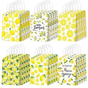12/24 Pcs Lemon Gift Bags with Handle Yellow Gift Bags Summer Fruit Candy Treat Goodie Pouches Wrapping Fresh Lemon Paper Pouches for Summer Wedding Birthday Party Supplies