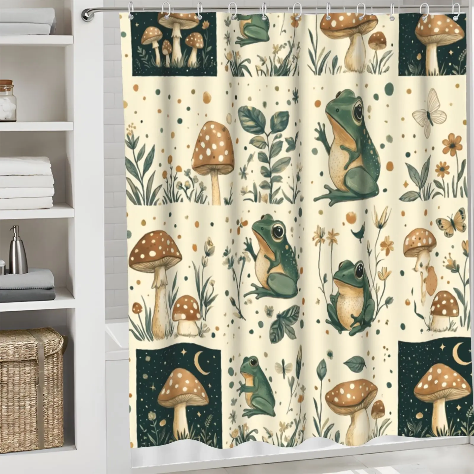 Retro cartoon frog mushroom shower curtain set, waterproof shower curtain with 12 hooks, non-slip bathroom carpet, toilet U-shaped cushion, toilet seat cover cushion, bathroom decoration, bathroom shower curtain set, perfect gift
