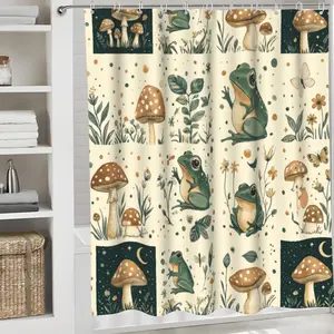 1/4 piece retro cartoon frog mushroom shower curtain set, waterproof shower curtain with 12 hooks, non-slip bathroom carpet, toilet U-shaped cushion, toilet seat cover cushion, bathroom decoration, bathroom shower curtain set, perfect gift