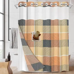 1pc hookless shower curtain with buckle lining, orange-grey-yellow checkered patchwork design, 2D flat printing, waterproof fabric lining, see-through double-layer shower curtain, 71 x 74 inches, modern home draping curtain.
