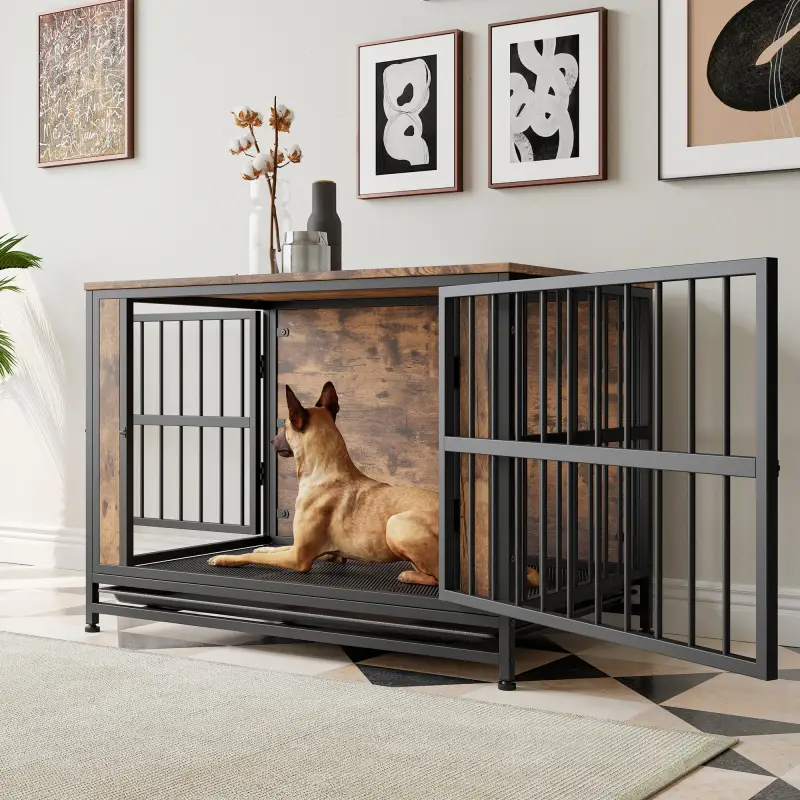[Bellemave] Dog Crate Furniture, Wooden Dog Crate Table, 27.48" /32.8" /38.9" Dog Kennel with 2 Sliding Doors and Thick Iron Door Frame, Decorative P
