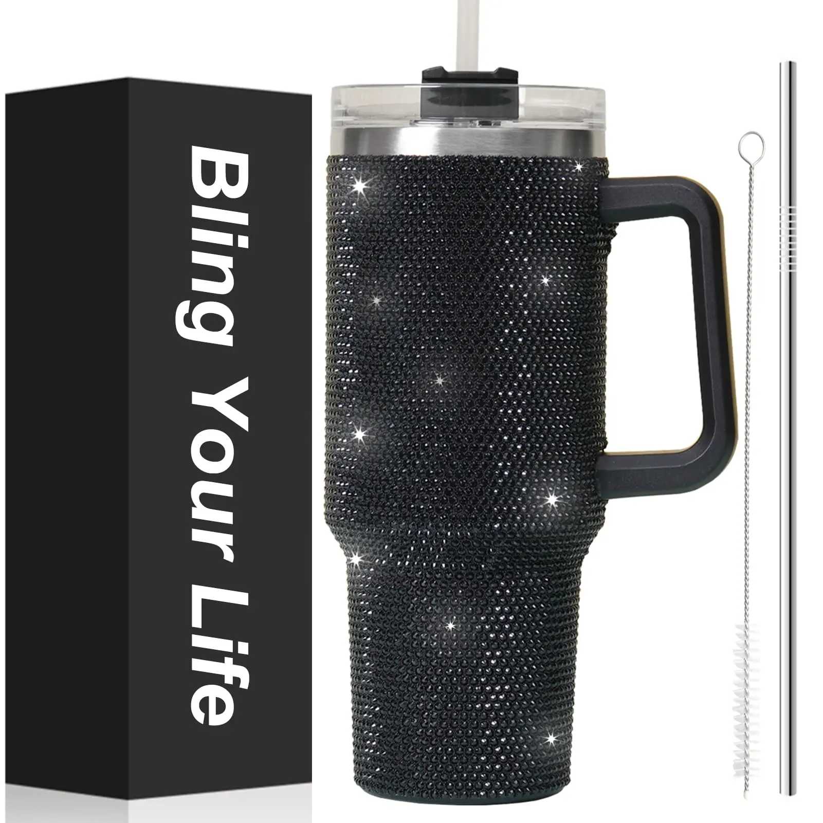 40oz Bling Tumbler With Handle And 2 Straw Cup For Large Water Capacity Glitter Travel Mug Lid,rhinestone Bottle Vacuum Insulated Stainless Steel (black)