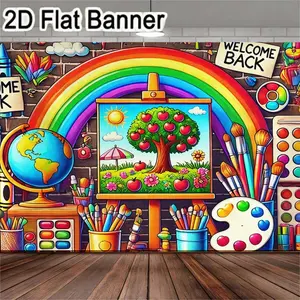 2D flat banner, 1pcRainbow Art Studio Backdrop, Colorful Art Supplies Easel & Globe Banner for Back-to-School Party Decor, Art Studio Vlog Background