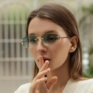 Vintage Rectangle Rimless Glasses, Lightweight Gold Metal Frame for Men and Women, Aesthetic Trendy Streetwear Eyewear