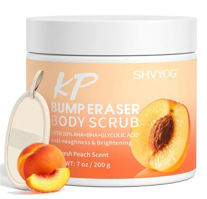 SHVYOG KP Bump Eraser Body Scrub with 10% AHA+BHA & Glycolic Acid, Exfoliating Body Scrub for Chicken & Strawberry Skin, Helps Reduce Skin Bumps, Soothe Rough Redness, Ingrown Hair, Peach Scent 7 Oz