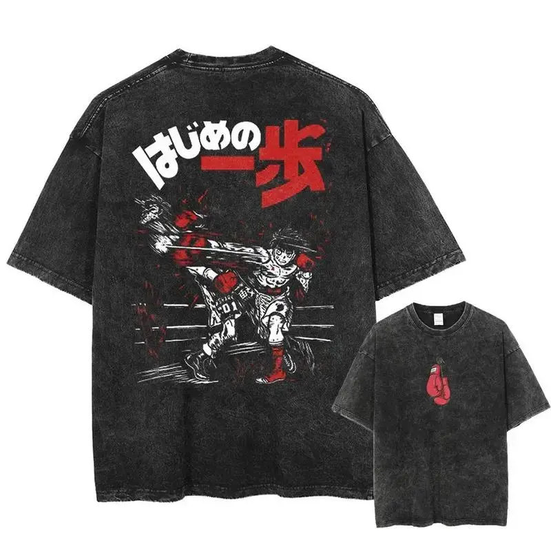 Halloween/Easter shirts Hajime NoIppo Washed Tshirt Kamogawa Boxing Gym Crew Neckline Short Sleeve Anime Clothing Premium Quality Loose Fit Black Tee for All Seasons Cotton Menswear Classic Prints 90s graphic good tees Casual American Short Sleeve T-shirt