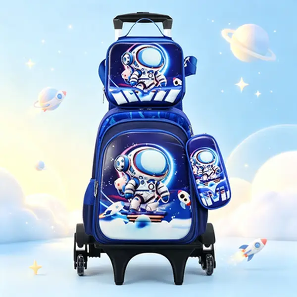 Cartoon Graphic Rolling Backpack 3 Piece Set, Wheeled Trolley Daypack with Lunch Bag & Pencil Case, Large Capacity Travel Backpack Suitable for School and Daily Outdoor Use