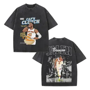 Jalen Brunson Graphic T-Shirt, "Cap'n Clutch" NYC Hoops Retro Vintage Washed Unisex Oversized Heavyweight Cotton Streetwear Top