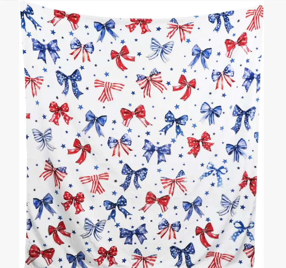 4th of July Throw Blanket American Flag Bows Fleece Flannel for Girls and Women Bows Gifts Soft Cozy Blankets Couch Bed Sofa Preppy Bedroom Cute Bow Decor 60"X50"