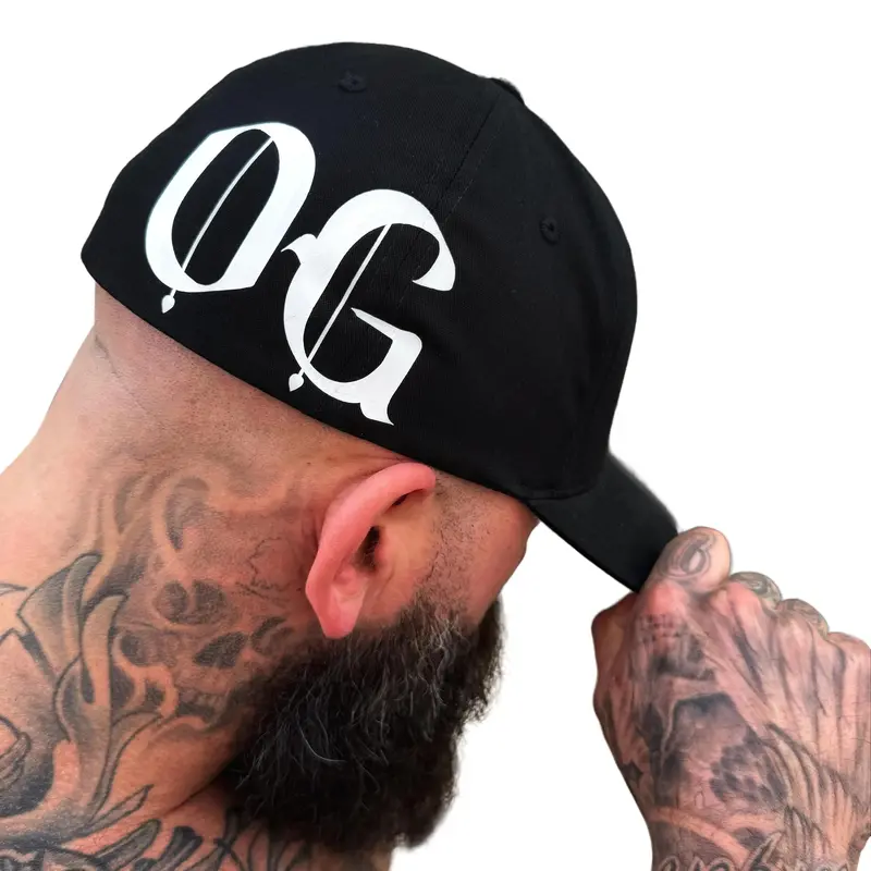 Thedriveclothing 'OG' Flexfit Cotton Side Style Baseball Cap - Black, Cotton-Spandex Blend, Structured 6-Panel, Sturdy Visor, Multi-Fit Adjustable Fitted, White Side Detail, Everyday Streetwear, Beach Accessory, Giftable Black Logo Hat, Baseball Cap Adjus