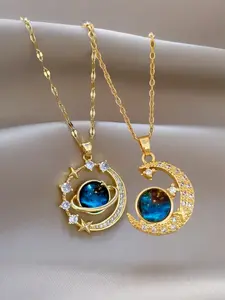 Unisex Steel Pendant Necklaces with Rhinestone Inlay, 2pcs Set, Space Moon Design, Vacation Style, Daily Wear & Party, Valentine's Day Gift, Exquisite Jewelry Gift, Moon Water Necklace