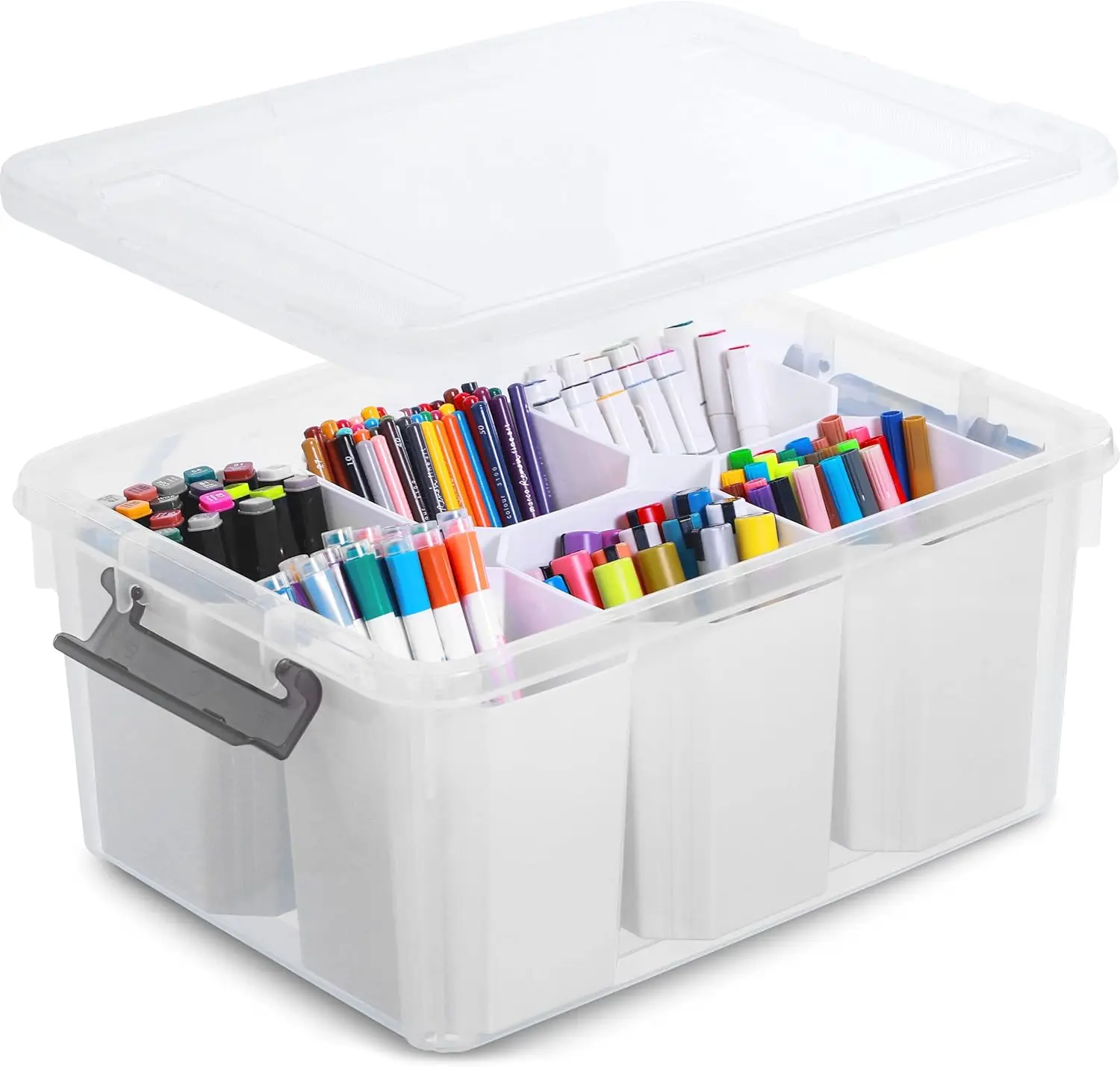 17QT Craft Organizers and bins with Lids, Marker Organizer| Clear, Art Supply Organizer for Markers, Crayons and Crafts, 6 Detachable Inserts, Versatile Stackable, No Assembly