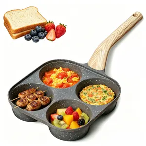 4-Cup Round Non-stick Egg Frying Pan Cookware - 4-Hole Multifunctional Skillet with Wooden Handle, Granite Omelet Maker for Eggs & Toast