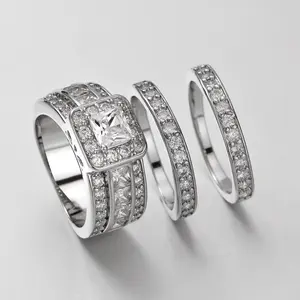 Princess Square Cut Zirconia Ring Set of 3 Halo Design Women's Wedding Band Stackable Bridal Jewelry for Engagement Anniversary and Daily Wear