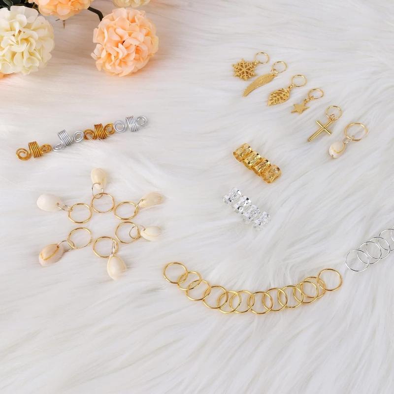 200 Hair Beads for Women Braids, Loc  for Hair, Dreadlocks Accessories, Metal Gold Sier Clips Cuffs Coils Shells Rings for Hair Braiding Beard Decoration for Girls Women