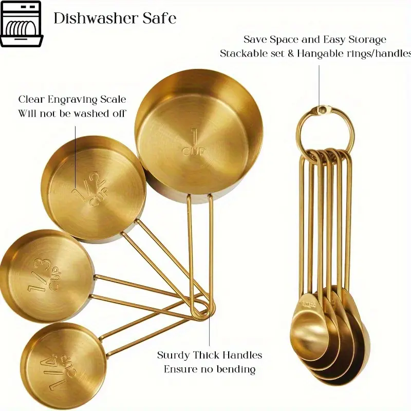 4/8 piece vibrating light handle measuring cup and spoon set, 430 stainless steel food-grade, used for baking and cooking liquid and dry ingredients, Christmas gift gold kitchen tool, Measuring Cups and Spoons, Kitchen Utensils Set, Kitchenware