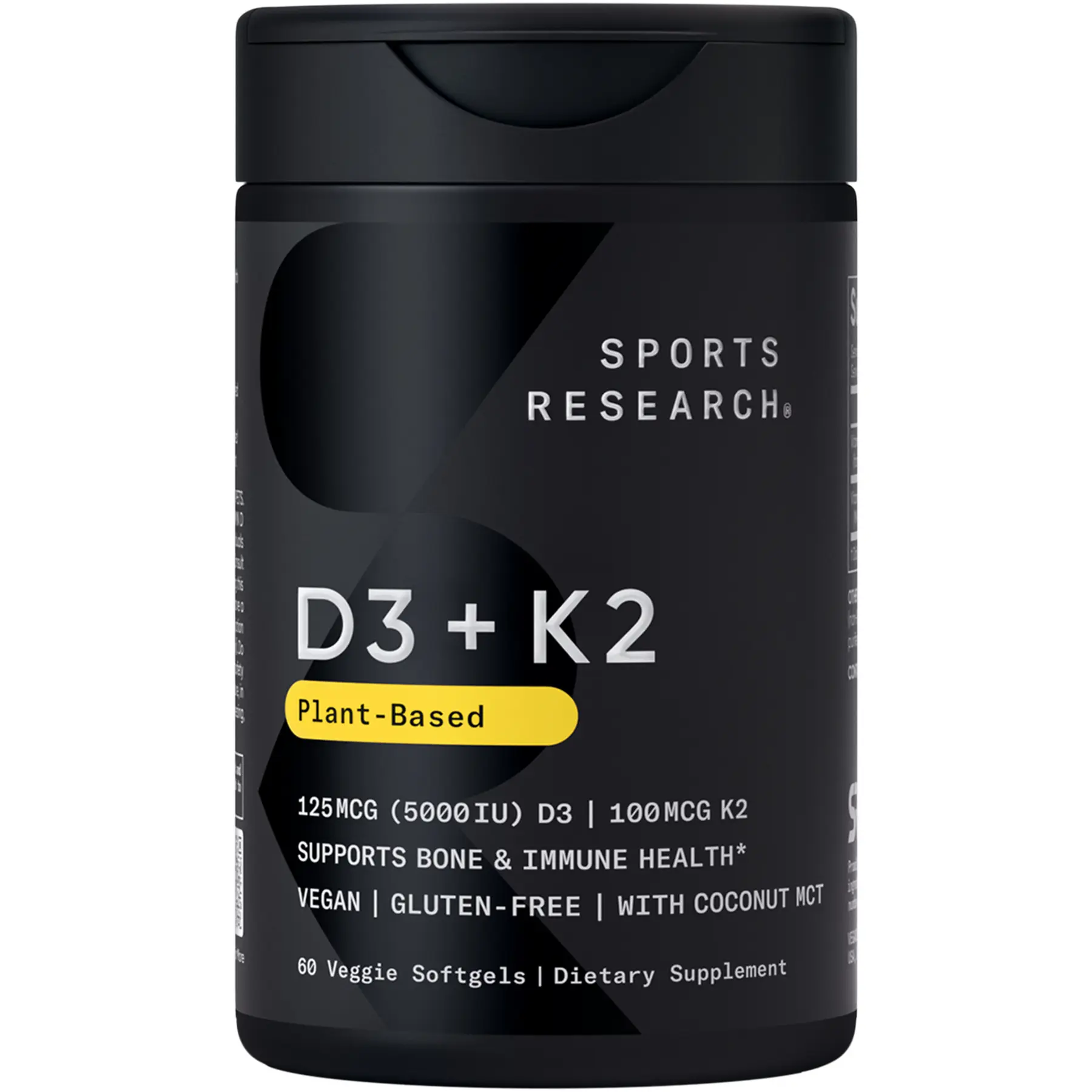 Sports Research Vitamin D3 + K2 - 5000iu of Plant-Based D3 & 100mcg of Vitamin K2 as MK-7 - Non-GMO Verified & Vegan Certified - 60 Veggie Softgels