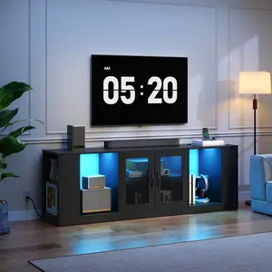 HOOBRO Farmhouse TV Stand for 70 Inch TV, Black Gaming Entertainment Center with Power Outlet and LED Lights, TV Console with Storage Cabinet and Adjustable Shelves, Media Console for Living Room